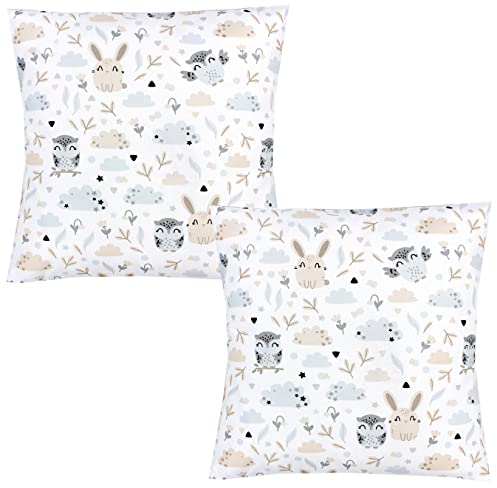 TupTam Kinder Kissenbezug Dekorativ Gemustert mit Hotelverschluss 2er Set, Farbe: Hase/Eule, Größe: 80 x 80 cm