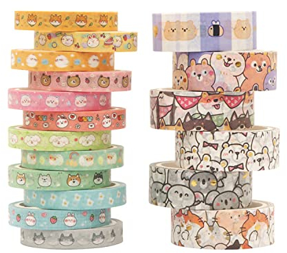 LGEGE Washi Tape Set, Anime-Tiere, 7,5/15 mm breit, Kawaii-Katze, Huhn, Hase,Schaf, Hundemuster, Abdeckband, Dekor für Scrapbooking, Basteln, Geschenkverpackung, Tagebuch, Planer, 18 Rollen