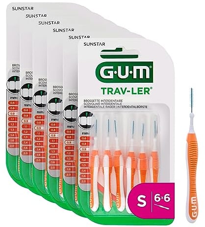 GUM TRAV-LER Interdentalbürsten | für gründliche Reinigung zwischen den Zähnen | flexibler Griff | Zahnreinigung und Plaque Entfernung | 0.9mm, ISO 2 | Größe S | 6x6 Packung