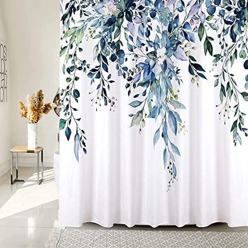 BOLIYVAN Blauer Blumen-Duschvorhang für Badezimmer, Eukalyptus-Blatt-Duschvorhang für botanische Heimdekoration, wasserdichter Stoff für Duschvorhang Liner, 180 cm - 180 cm