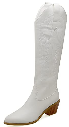 Mo Joc Frauen Kniehohe Stiefel mit Stickerei und lange Westernstiefel mit klobigem Absatz(Weiß, 38)
