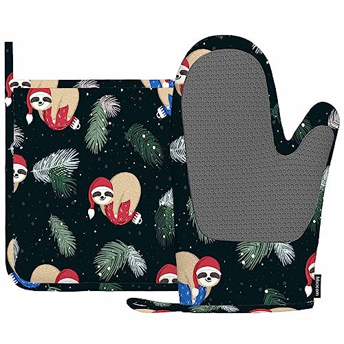 Mxocom Lustige Faultier Ofenhandschuhe und Topflappen Sets Tannenzweige Schnee Weihnachtskugel Silikon Hitzebeständig Küche Ofenhandschuhe Topflappen zum Kochen