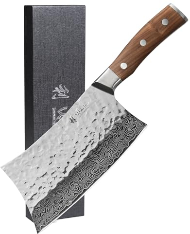 Wakoli Nussbaum Chai Dao – Premium Kochmesser mit 19,5 cm Damaststahl Klinge, Ergonomischer Nussbaumholzgriff, Scharf & Langlebig, Perfekt zum Schneiden von Gemüse & Fleisch