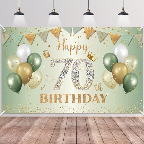 70.Geburtstag Banner Grün Gold,BTZO 70.Geburtstagsbanner,Deko 70 Geburtstag Dekoration Banner Hintergrund für 70 Frauen und Männer Geburtstagsfeier Deko