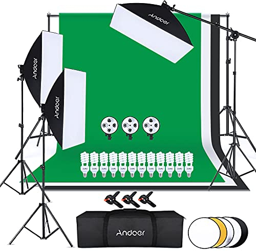 Andoer Set di studio fotografico con sfondo fotografico, 2 m x 3 m, sistema di supporto per sfondo softbox, 50 x 70 cm, lampadine da 45 W, salviette per sfondo, clip a forchetta, riflettore 5 in 1 da