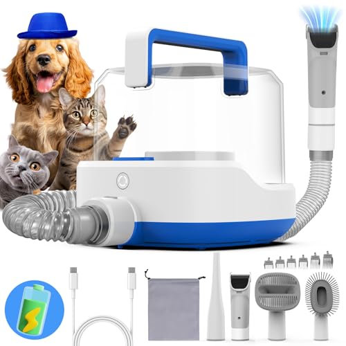 UBROBO Aspiradora recargable para perros para aseo, kit de aseo inalámbrico de 4000 mAh, aspiradora de pelo de perro con 4 herramientas, taza de polvo de 3 litros, 3 niveles para patio al aire libre,