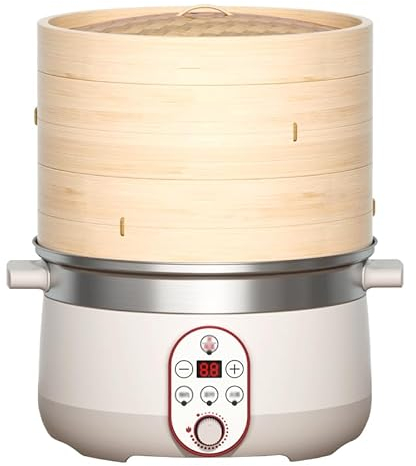 GUUFUFA Olla de Vapor eléctrica para Verduras, vaporera eléctrica de 2 Niveles con Cesta de Vapor de bambú, Olla arrocera con sincronización Inteligente de 1500w para una cocción rápida,30cm