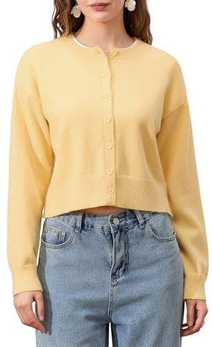 Womens Y2K Cardigan Sweaters Long Sleeve Open Front Button Down Crop Sweater Solid Knit Pullover Fall Outfits Tops (Yellow, S)