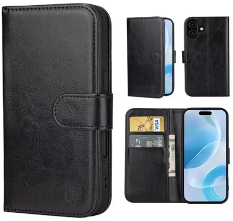 32nd Book Wallet PU Leather Case Cover for iPhone 16 (6.1), Flip Case With RFID Blocking Card Slots, Magnetic Closure and Built In Stand - Black