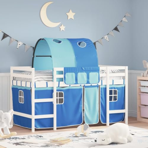 IKAYAA Cama Alta para Niños con Cortinas Características y Túnel de Madera Pino, Cama Infantil 90 x 190 cm, Cama Niño Litera con Cortinas Blanco y Azul