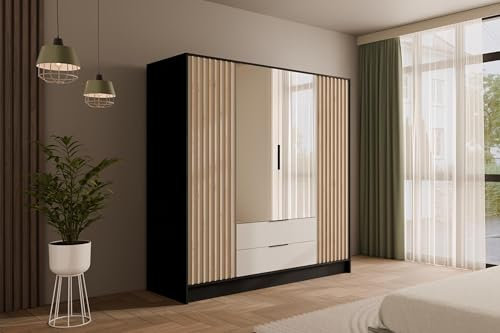 ALTDECOR Kleiderschrank mit Spiegel und selbstschließenden Lamellentüren, Lamellen, Flügeltüren - Nelia - 200 cm Schwarz/Weiß/Artisan
