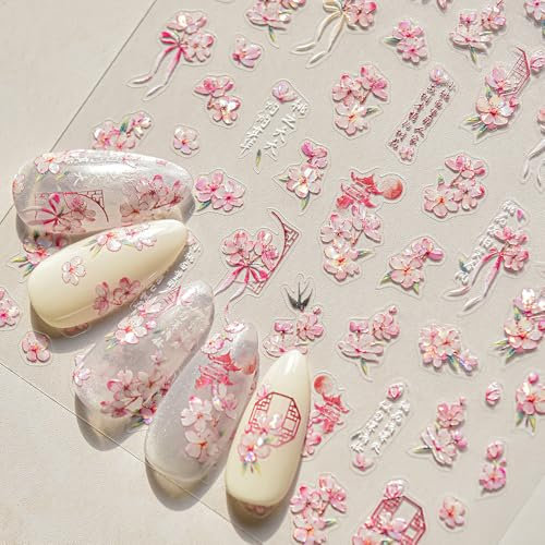 Relief Laser Aurora Muschel Pfirsichblüte Blütenblätter Nagelsticker Blumen Rosa Flower Nail Sticker Frühling Sommer Blume Nagelaufkleber Ribbon Schleife Nagel Sticker Blumen Nageldesign Nail Art