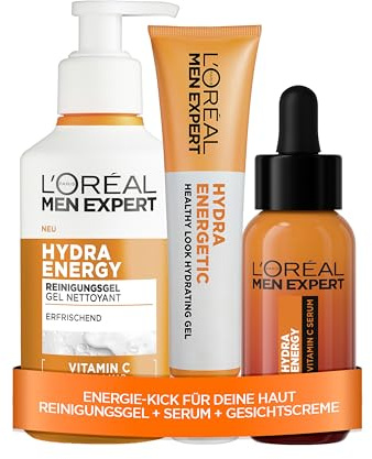 L'Oréal Men Expert Hydra Energy Set: 10% Pures Vitamin C Serum (30ml), Healthy Look Gesichtsgel (40ml) für leichte Bräune & sanftes Waschgel (260ml) gegen müde Haut, Routine mit Ceramiden