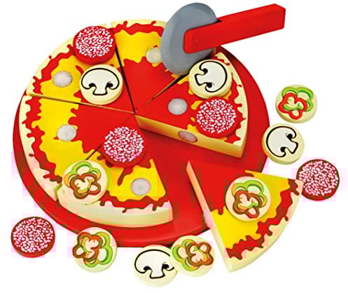 Bino 83412 - Wooden Pizza Toy. Wooden Pizza Toy Play Food Set For Pretend Pizza Making Play. Contains Vegetables And Other Toppings, Pizza Cutter And Cutting Board. Size-20.5 x 3.5 x 20.5 cm