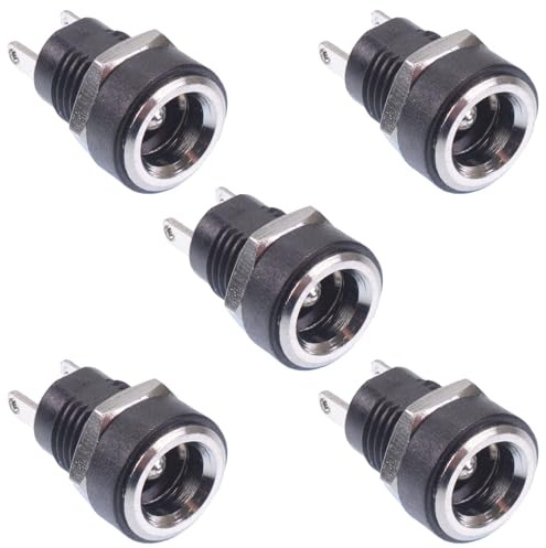 2.1mm x 5.5mm Round Panel Chasis Mount Female Socket DC Connector Jack Plug (Pack of 5)