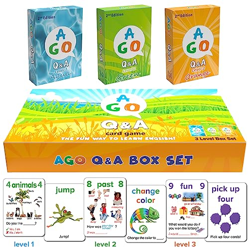 AGO Q&A Kartenspiel Set zum Englisch Lernen | Spiel und Spaß für Kinder und Erwachsene beim Lernen | 3 Kartenspiele in Magnetischer Box