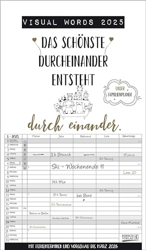 Visual Words Familienplaner 2025: Familientimer mit 5 breiten Spalten. Typo-Art Familienkalender mit Ferienterminen, Zusatzspalte, Vorschau bis März 2026 und vielem mehr.