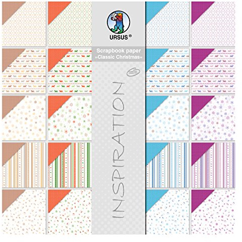 Ursus 70850099 - Scrapbook paper Block, Classic Christmas, ca. 30,5 x 30,5 cm, 190 g/qm, 20 Blatt, beidseitig bedruckt, Vorder- und Rückseite in verschiedenen Motiven, säure und ligninfrei