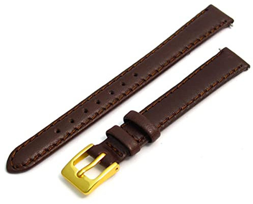 KONAMO Ladies Soft Genuine Leather Watch Strap Band 12mm, Brown, Gilt (Gold Colour) Buckle