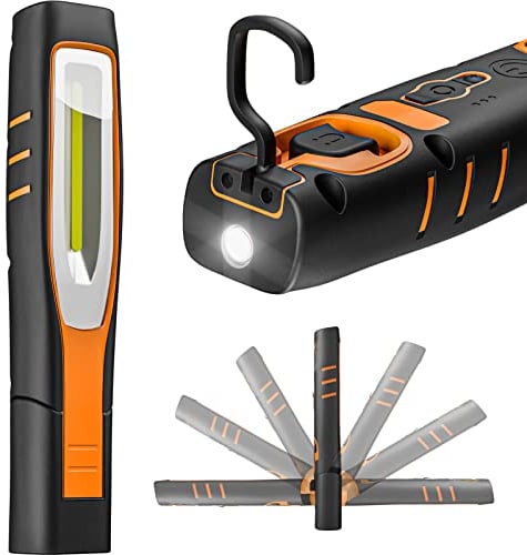 ENUOTEK Lampara Linterna de Trabajo de Mano Taller, IP65 COB LED Lampara 7W Recargable Portatil Muy Potente, con Bateria de Litio 2600mAh, Imanes Potentes y Dos Ganchos