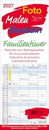 Foto-Malen-Basteln Familientimer 2027: Familienplaner mit 4 Spalten als Fotokalender zum Selbstgestalten. Familienkalender mit Ferienterminen und festem Bastelpapier.