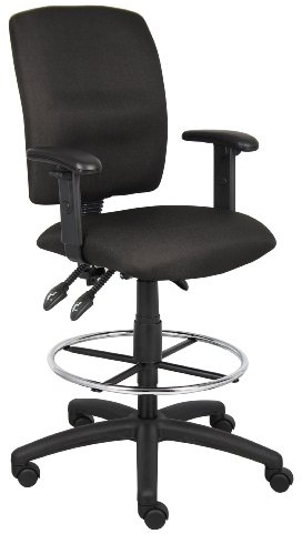 BOSS Office Products Multi-Function Fabric Drafting Stool with Adjustable Arms in Black