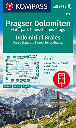 KOMPASS Wanderkarte 145 Pragser Dolomiten, Naturpark Fanes-Sennes-Prags, Dolomiti di Braies, Parco Naturale Fanes-Senes-Braies 1:25.000: 4in1 ... in der KOMPASS-App. Fahrradfahren. Skitouren.