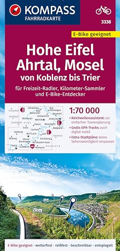 KOMPASS Fahrradkarte 3338 Hohe Eifel, Ahrtal, Mosel, von Koblenz bis Trier 1:70.000: reiß- und wetterfest mit Extra Stadtplänen