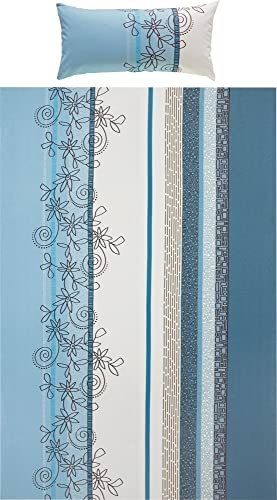 Erwin Müller Bettwäsche, Bettgarnitur Fein-Biber Blumen hellblau Größe 40x80 cm / 135x200 cm - hautsymphatisch, bügelleicht, mit Marken-Reißverschluss