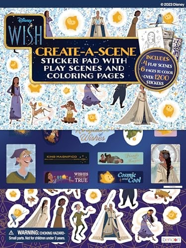 Disney Wish Create A Scene Stickerbuch mit 4 Spielszenen zum Dekorieren, 6 Seiten zum Ausmalen und 5 Bögen Aufkleber, über 1200 Sticker, Disneys 100th Anniversary, Bendon 58723, Mehrfarbig