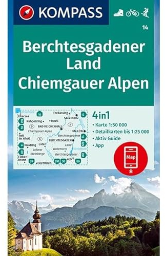KOMPASS Wanderkarte 14 Berchtesgadener Land, Chiemgauer Alpen 1:50.000: 4in1 Wanderkarte mit Aktiv Guide und Detailkarten inklusive Karte zur offline ... in der KOMPASS-App. Fahrradfahren. Skitouren.