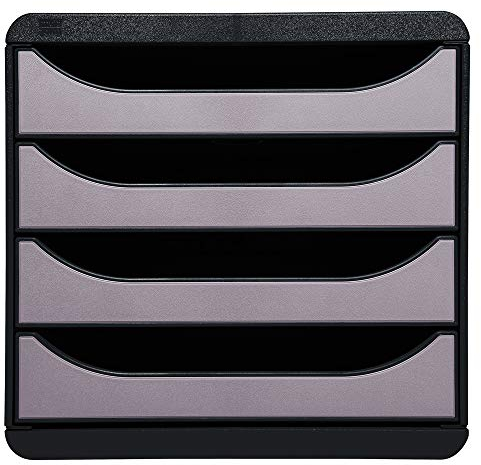 Exacompta 310438D Premium Ablagebox mit 4 Schubladen für DIN A4+ Dokumente. Belastbare Schubladenbox mit hoher Kapazität für mehr Platz auf dem Schreibtisch Big Box Metallic Schwarz|Silber