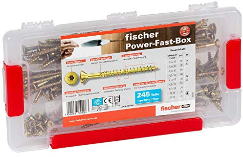 fischer PowerFast Sortimentsbox, vorsortierte Box mit 245 gelbverzinkten Premium-Spanplattenschrauben in vers. Abmessungen, mit Senkkopf, Teilgewinde und TX-Antrieb, inkl. zwei passenden Bits