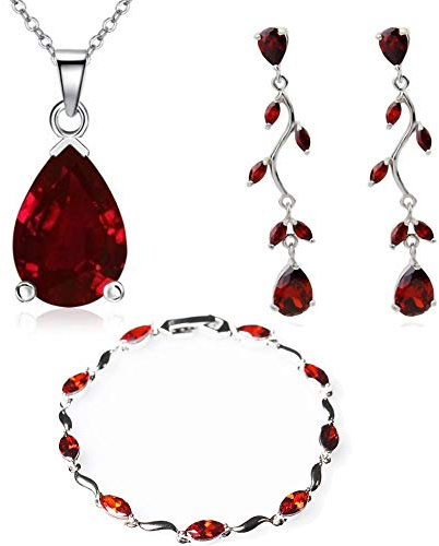Crystalline Azuria Tropfenform Schmuck-Set mit Rot Zirkonia Kristalle Halskette 45 cm Ohrhänger Ohrringe Armband 18 kt Weiß Vergoldet