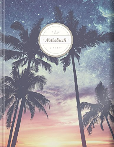 Liniertes Notizbuch (©Star, A4, 156 Seiten, Softcover) || Mit Register + Doppelrand + Lineatur 27 || Dickes Notizbuch, Fester Einband, Deutschheft, Schreibheft, Schulheft, Tagebuch, „Palmen bei Nacht“