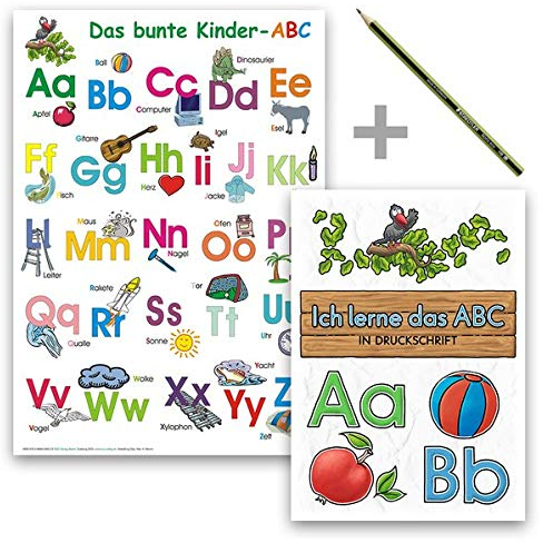 Das bunte Kinder-ABC - Set in Druckschrift: Lernposter DINA 4 laminiert + Schreiblernheft DINA 5 auf 120g/m² Zeichenkarton + Staedler Bleistift
