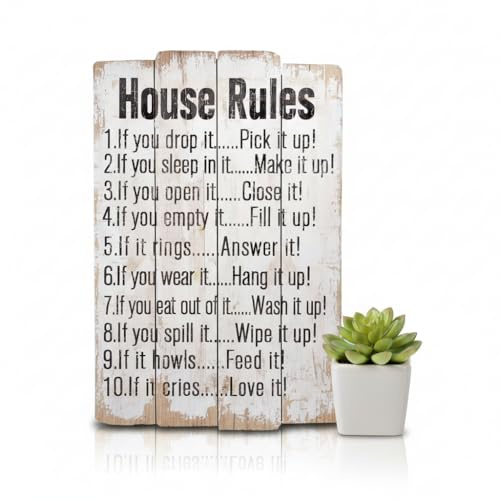 Melko Wandbild Wanddeko Holz Spruch House Rules Shabby Chic 60x40 cm Bunt