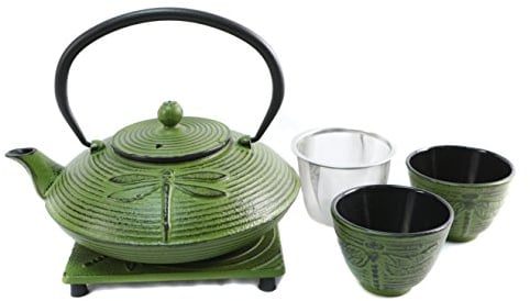 Cuisiland Dragonfly Cast Iron Teapot Set with 2 Cups 27oz Green