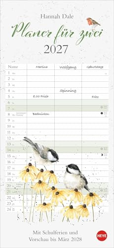 Hannah Dale: Planer für zwei 2027: Süße Tierbilder von Wrendale Design. Partnerkalender 2027 im Format 16 x 34,7 cm. Kalender mit 3 Spalten für übersichtliche Planung