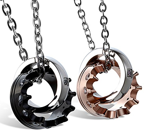 JewelryWe Valentinstag Schmuck 2 Freundschaftsketten Krone Ring Edelstahl Partner-Anhänger mit 45cm und 54cm Kette, Paar Halskette mit Gravur für Damen Herren, Gold Schwarz Silber