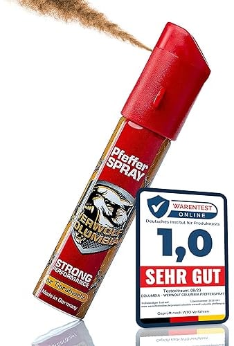 Werwolf Columbia Pfefferspray - Made in Germany - hochdosiertes (2 Mio Scoville) und effektives Verteidigungsspray - herausragende Reichweite von 1,5 Meter und 3m Breitstrahl