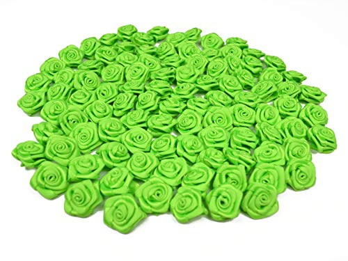 Rosen 15 mm x 100 Stück Satinrosen Aufnäher Deko Blumen Röschen zum Basteln Haarschmuck kleine Rosenköpfe Farbe: hell grün 556
