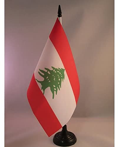 AZ FLAG - Drapeau De Table Liban 21x14 cm - Petit Drapeau Libanais De Bureau 100% Polyester Avec Hampe De 25cm Et Socle En Plastique Noir