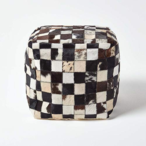 Homescapes Leder Sitzwürfel 35x35 cm, Patchwork Pouf kariert, Würfel-Hocker braun-Creme-beige aus echtem Fell, Sitzsack Hocker Unikat
