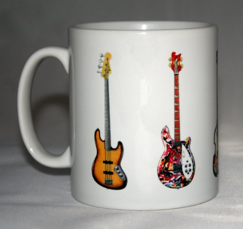 Bass Guitar Mug. 5 Famous bass Guitars on a Mug.