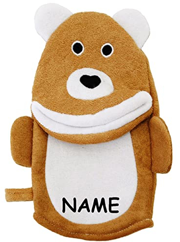 alles-meine.de GmbH 3-D Effekt Waschhandschuh/Handpuppe - süßer Bär/Teddybär - incl. Name - Mund bespielbar - für Kinder & Erwachsene - Handspielpuppe/Waschhandschuhe..