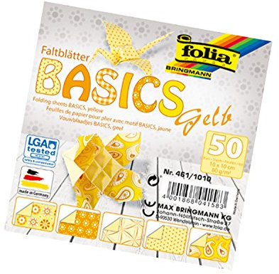 folia 461/1010 - Faltblätter Basics gelb 10 x 10 cm, 80 g/qm, 50 Blatt sortiert in 5 Motiven - ideal für wunderschöne Faltfiguren und -formen