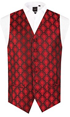 Dobell Mens Red Waistcoat Regular Fit 5 Button Jacquard Pattern-M (38-40in)