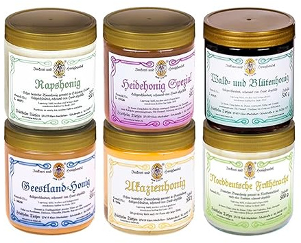 Imkerei Nordheide Honig Probierset – 6x500g | Honig Geschenkset | 6 verschiedene Honigsorten im großen 3-kg-Set | Naturbelassen vom Imker