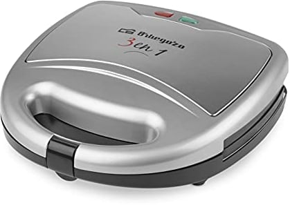 Orbegozo SW 7550 Sandwichera Multifunción 3 en 1, Placas Intercambiables, Antiadherente, 2 Pilotos de Control, 800 W, Plata